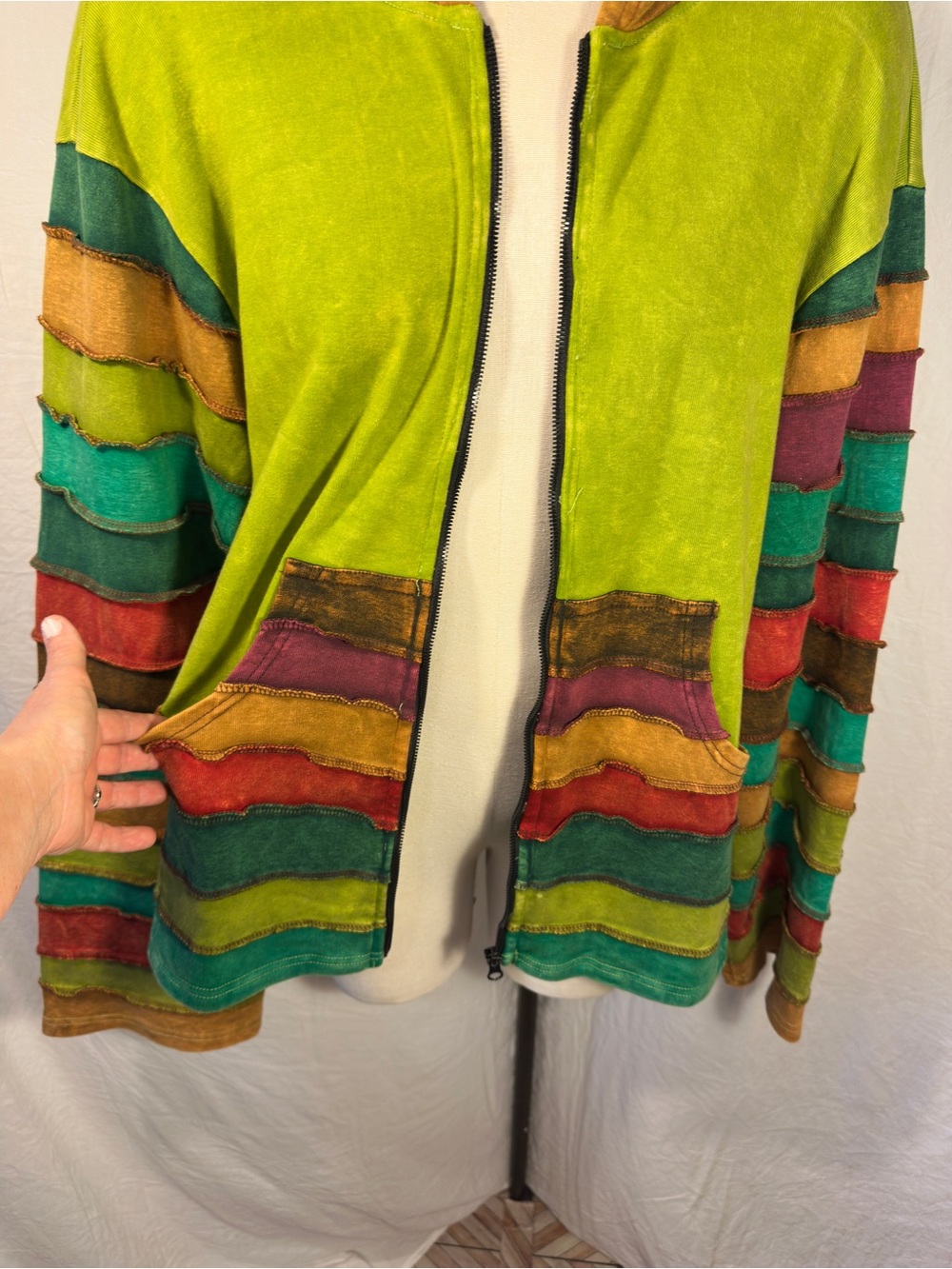 Rising International XL Nepal Hooded Patchwork Striped Zip Hoodie Boho Hippie - Picture 5 of 9